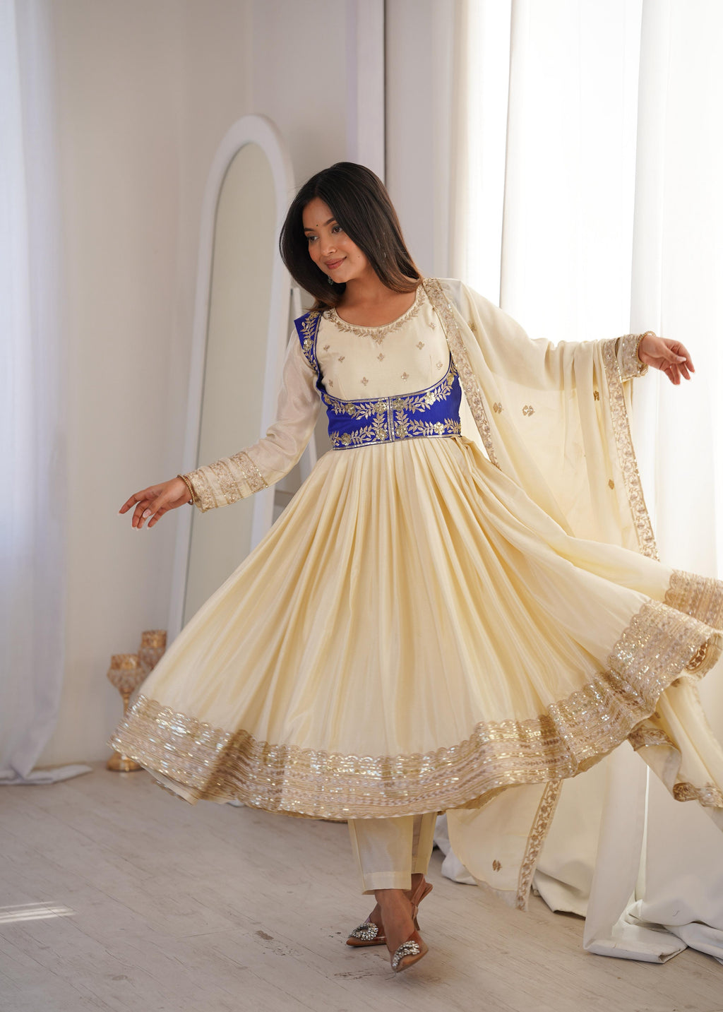 Cream Chinon Silk Sequnce work Suit Set