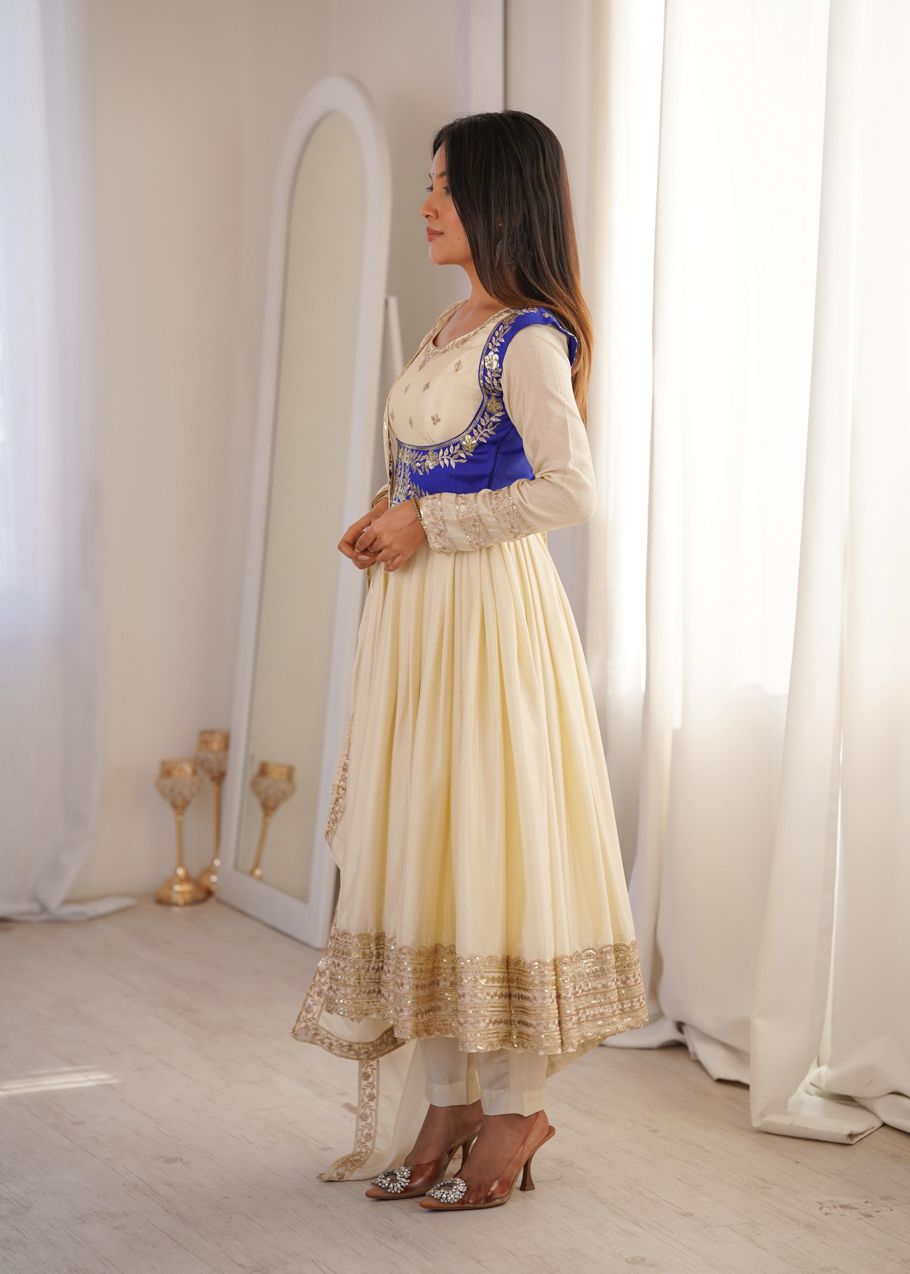 Cream Chinon Silk Sequnce work Suit Set