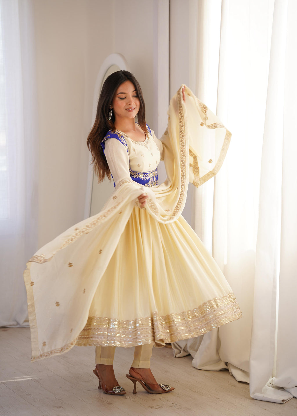 Cream Chinon Silk Sequnce work Suit Set
