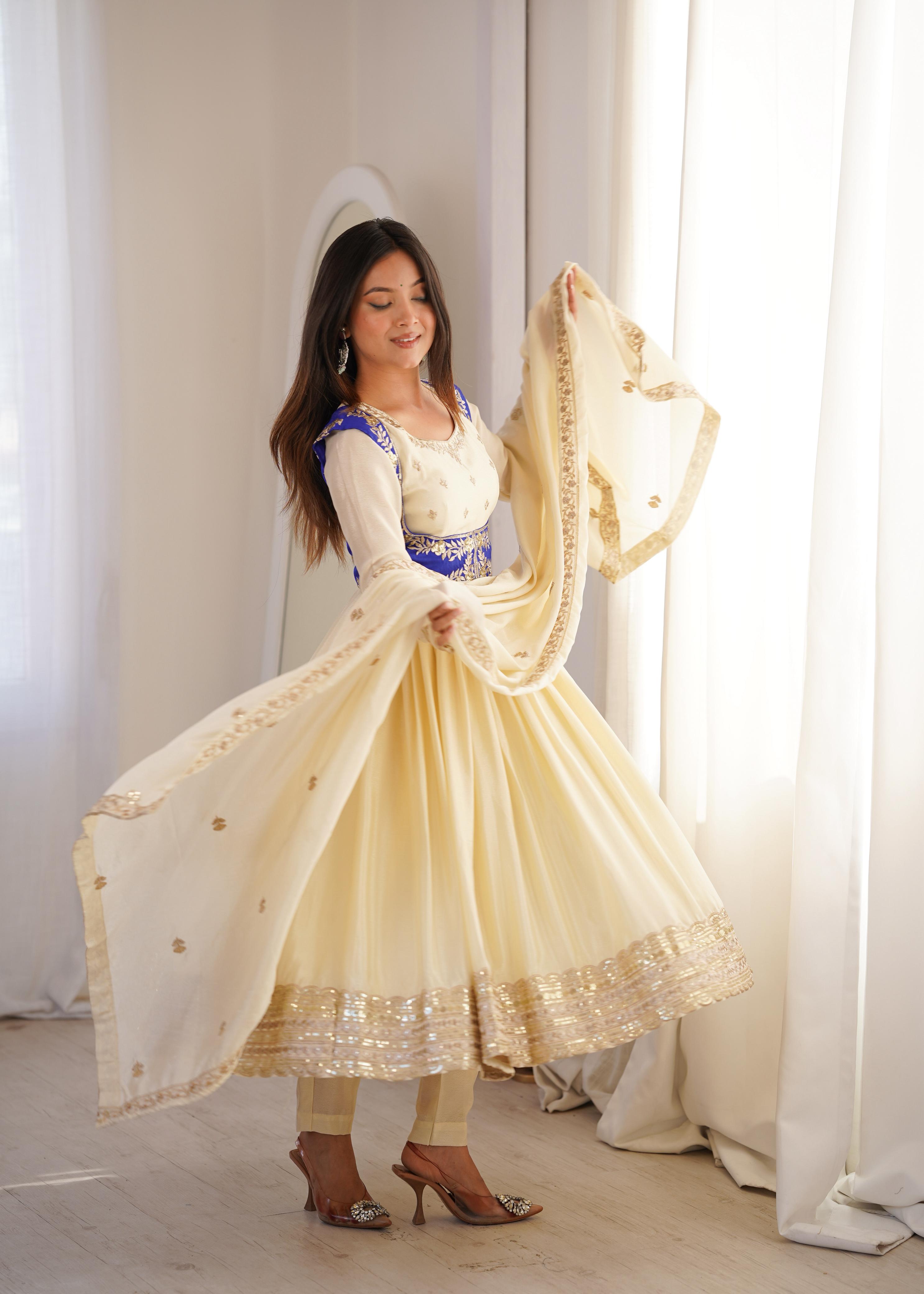 Cream Chinon Silk Sequnce work Suit Set