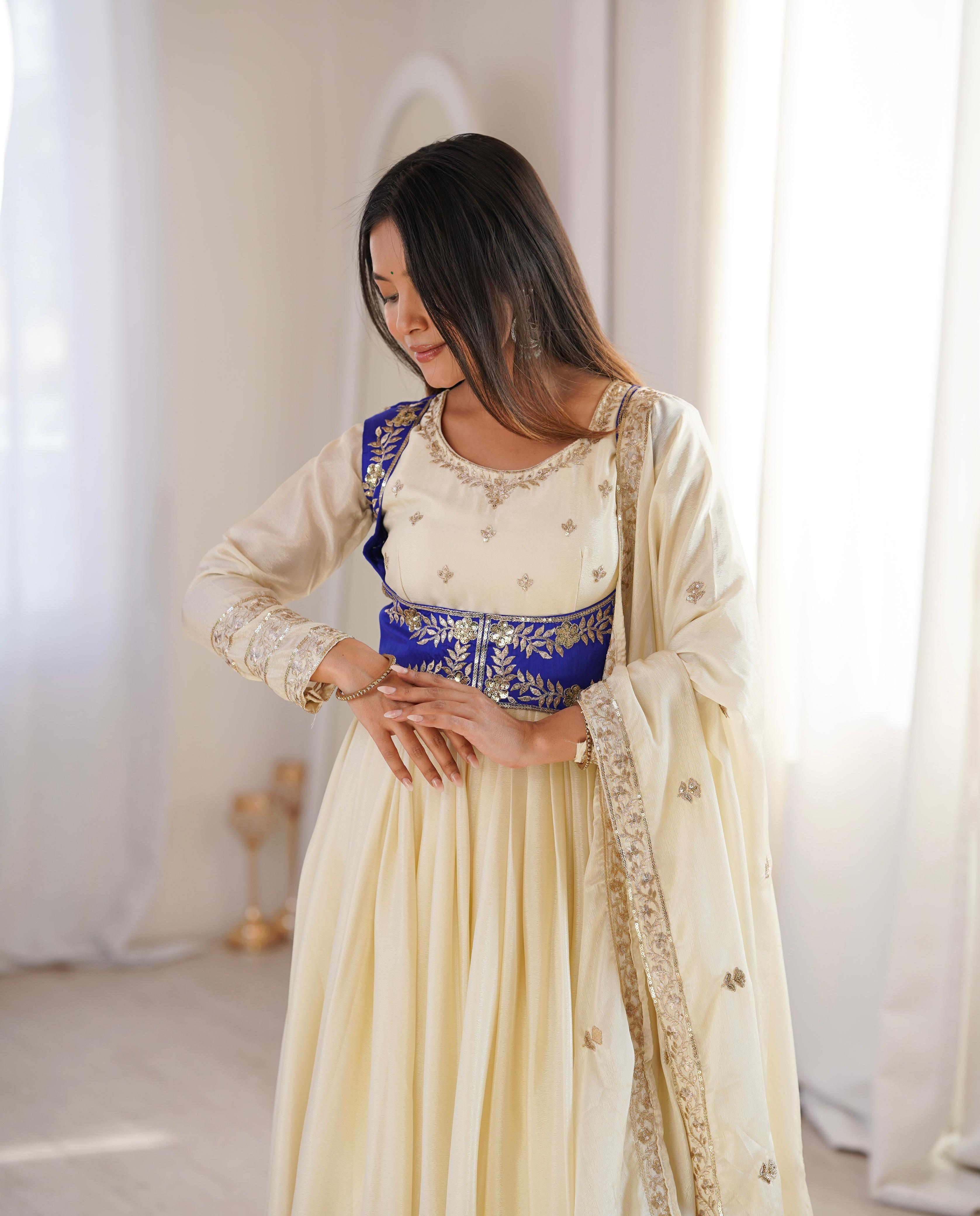 Cream Chinon Silk Sequnce work Suit Set