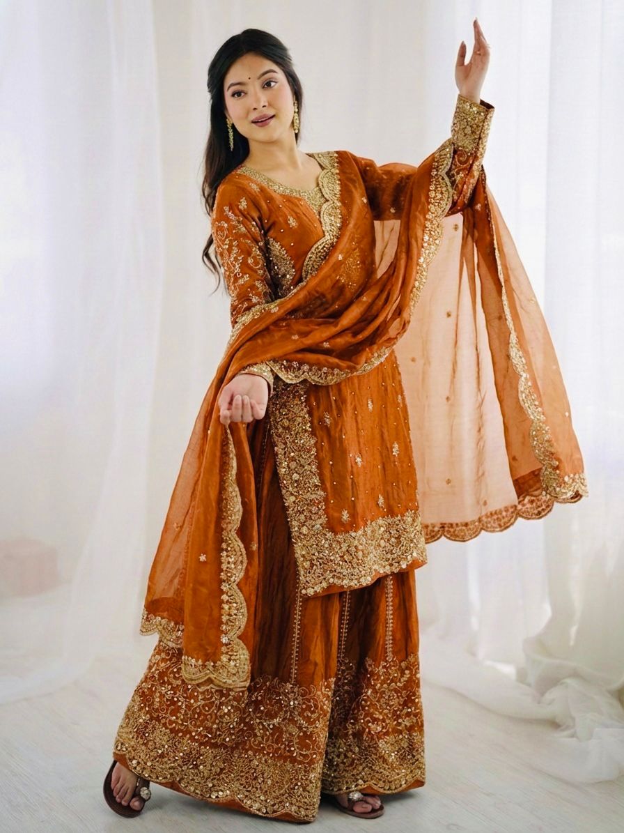 Orange Fendy Silk Embroidery Sharara Set