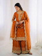 Orange Fendy Silk Embroidery Sharara Set