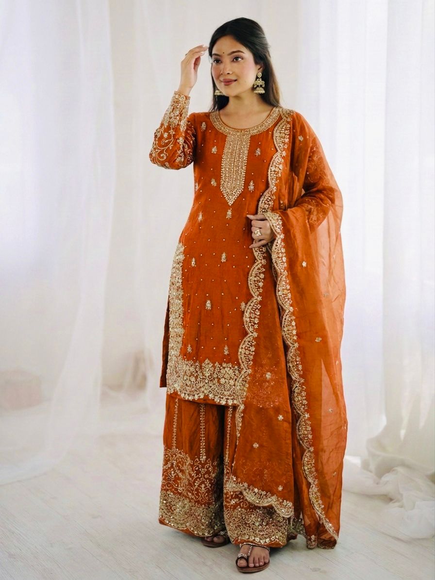 Orange Fendy Silk Embroidery Sharara Set