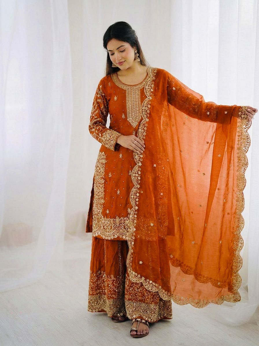 Orange Fendy Silk Embroidery Sharara Set