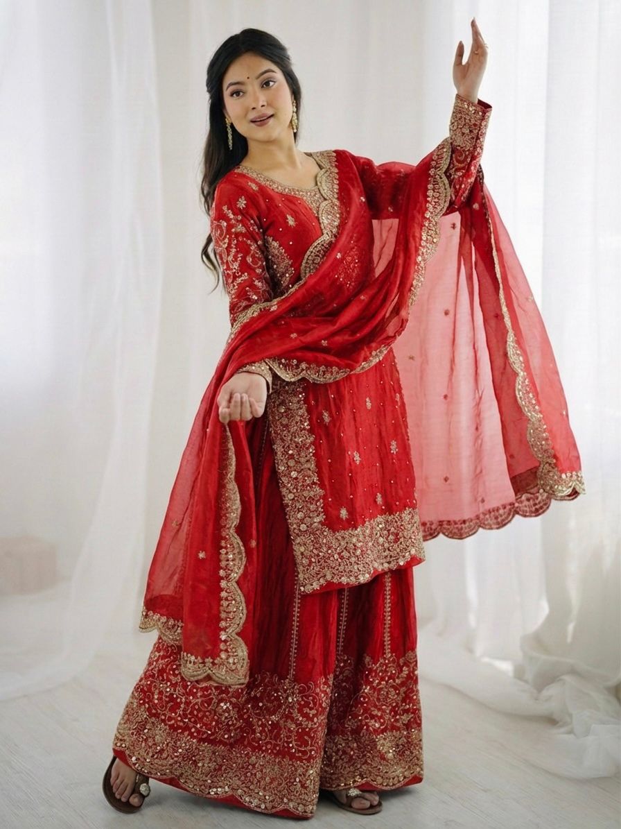Red Fendy Silk Embroidery Sharara Set