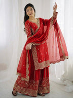 Red Fendy Silk Embroidery Sharara Set
