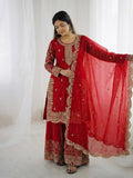 Red Fendy Silk Embroidery Sharara Set
