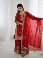 Red Fendy Silk Embroidery Sharara Set