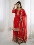Red Fendy Silk Embroidery Sharara Set