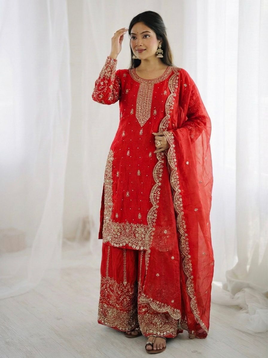 Red Fendy Silk Embroidery Sharara Set