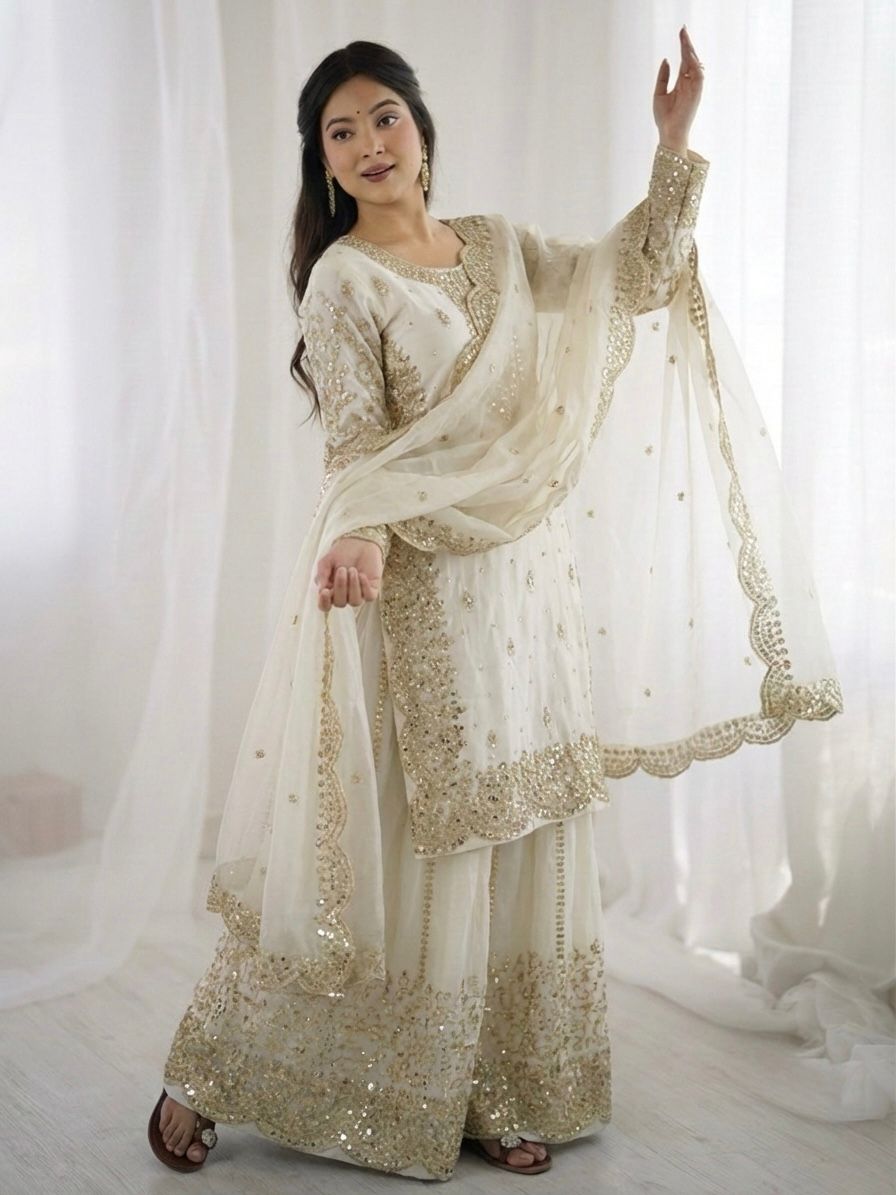 White Fendy Silk Embroidery Sharara Set