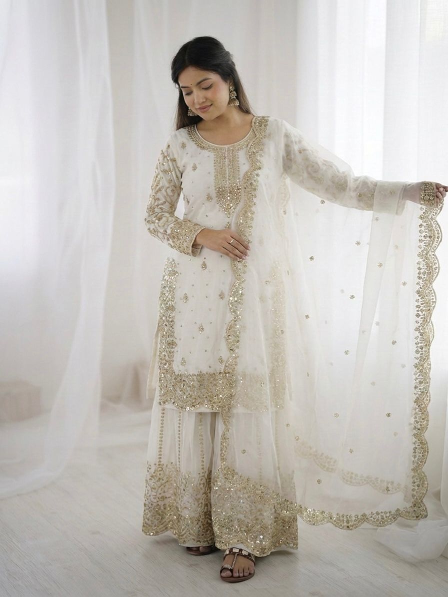 White Fendy Silk Embroidery Sharara Set