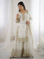 White Fendy Silk Embroidery Sharara Set