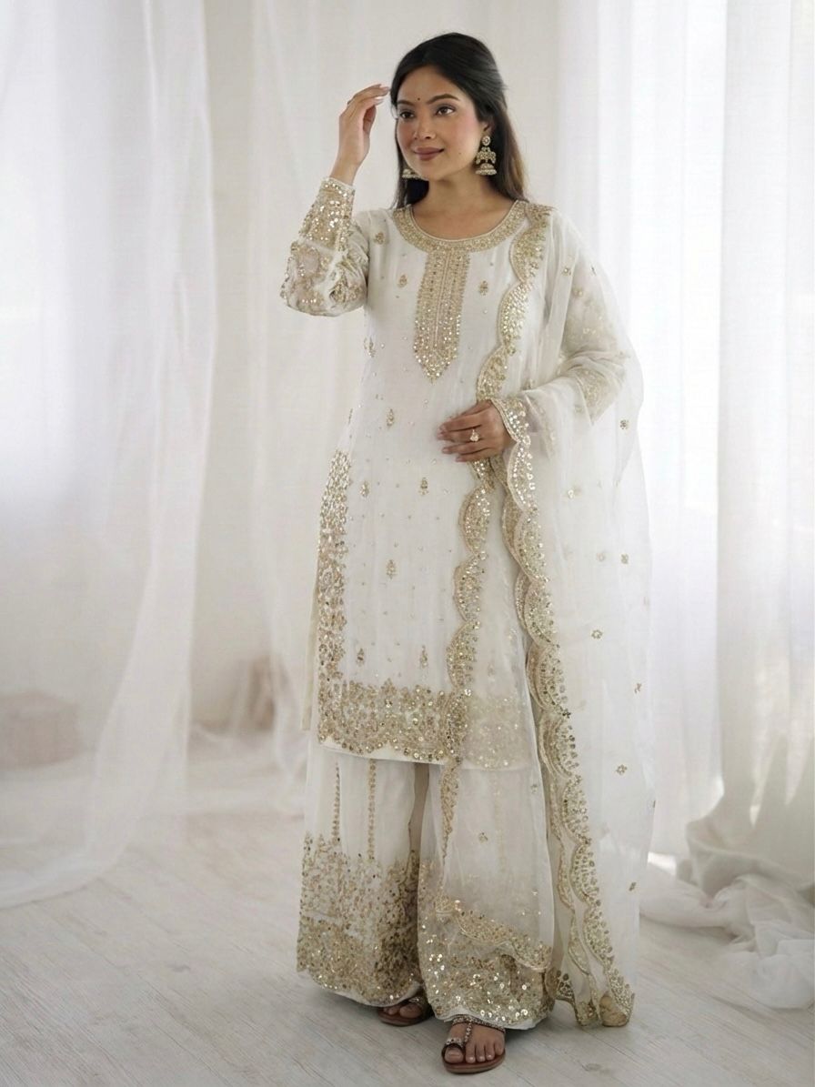 White Fendy Silk Embroidery Sharara Set