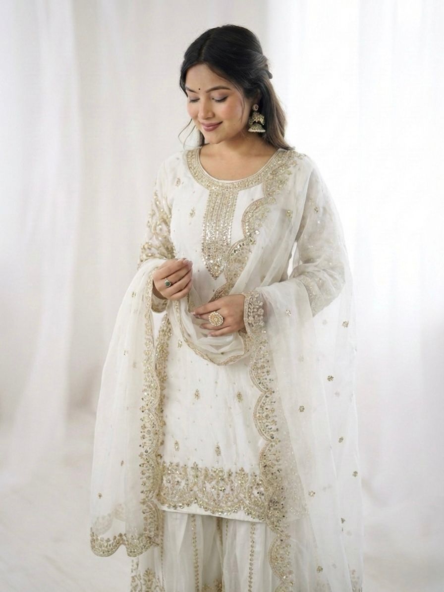 White Fendy Silk Embroidery Sharara Set