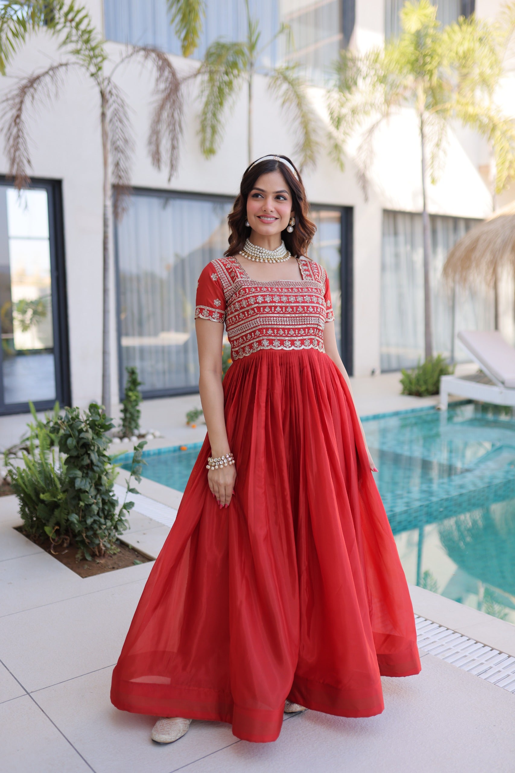 Red Sequins & Zari with Pipe Beads Embroidered work Gown