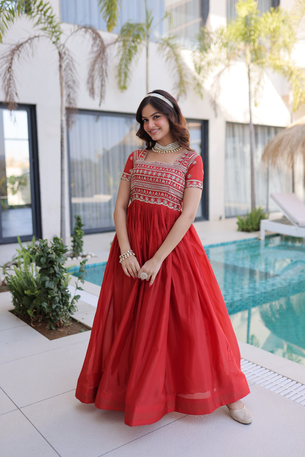 Red Sequins & Zari with Pipe Beads Embroidered work Gown