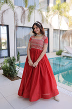 Red Sequins & Zari with Pipe Beads Embroidered work Gown