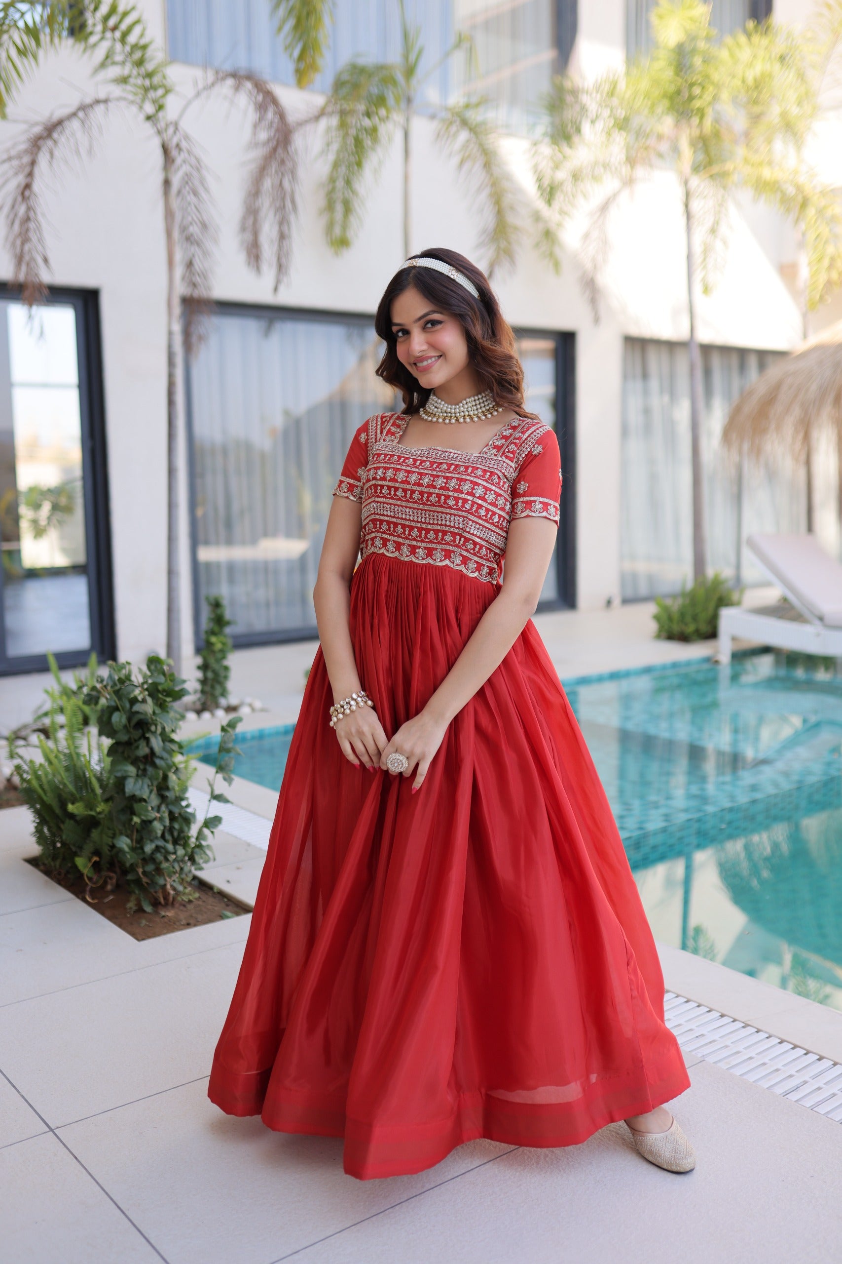 Red Sequins & Zari with Pipe Beads Embroidered work Gown
