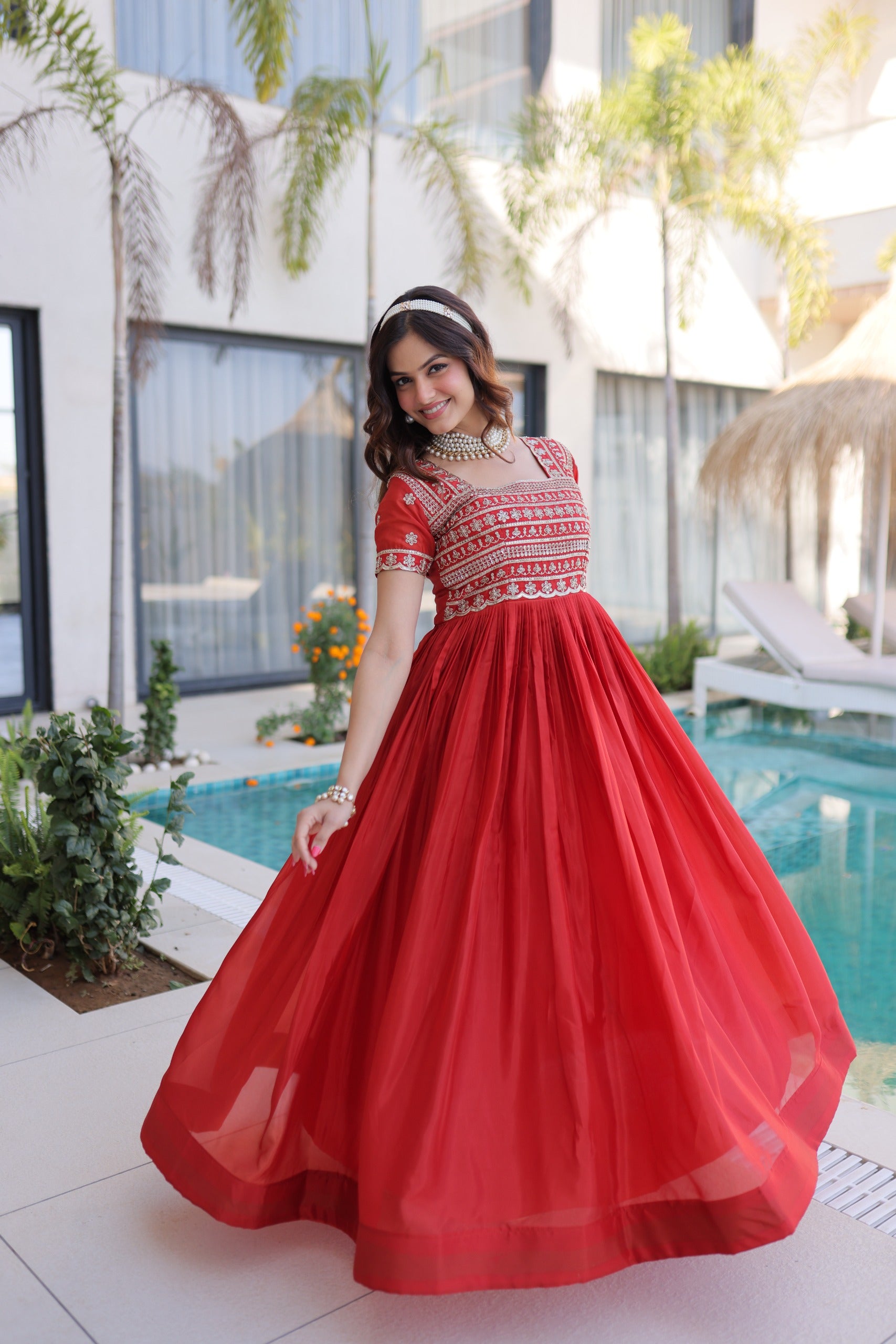 Red Sequins & Zari with Pipe Beads Embroidered work Gown
