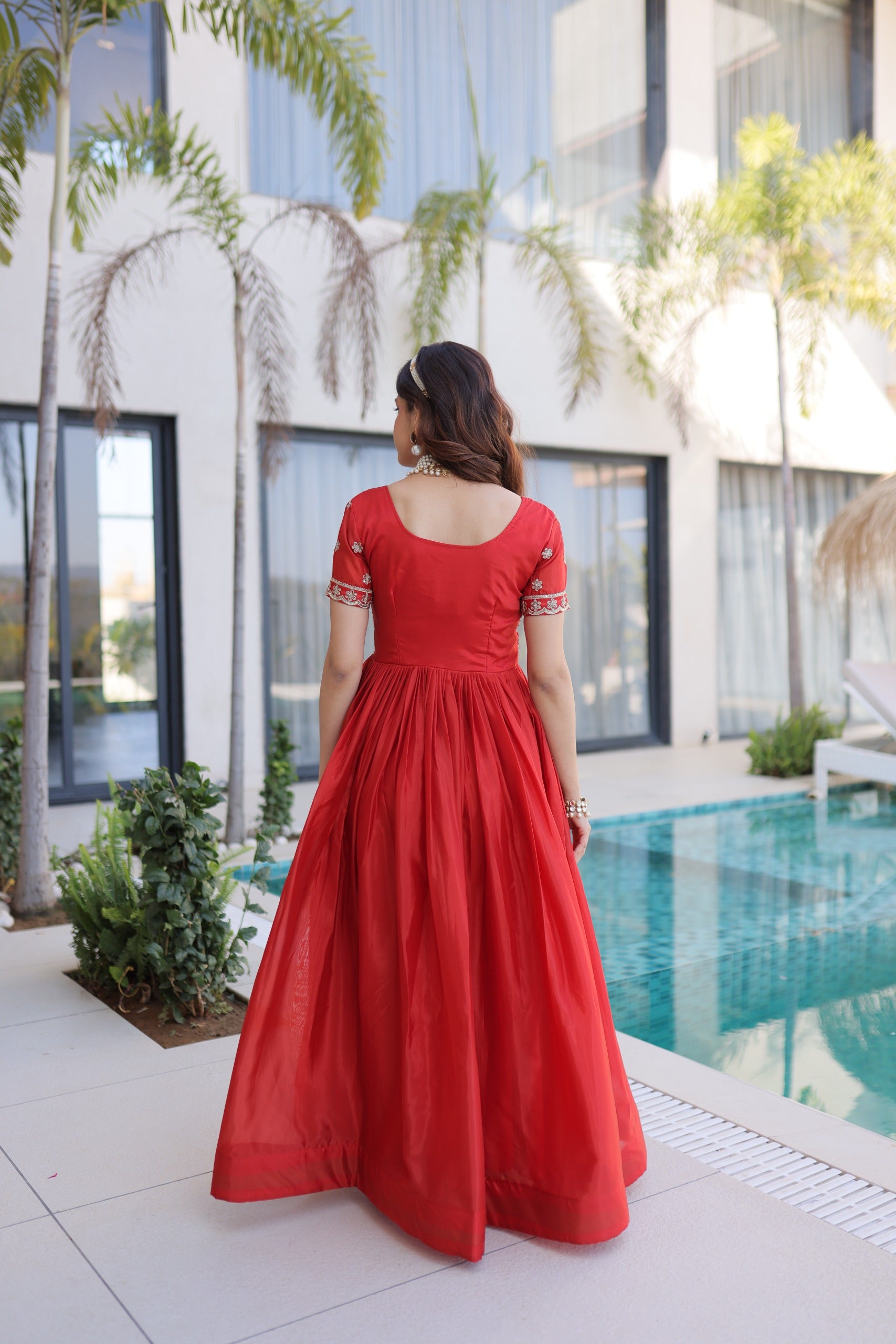 Red Sequins & Zari with Pipe Beads Embroidered work Gown