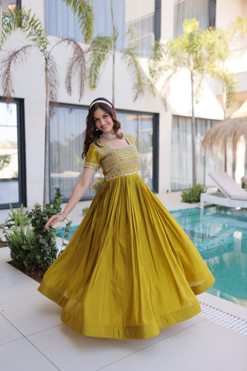 Yellow Sequins & Zari with Pipe Beads Embroidered work Gown