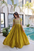 Yellow Sequins & Zari with Pipe Beads Embroidered work Gown