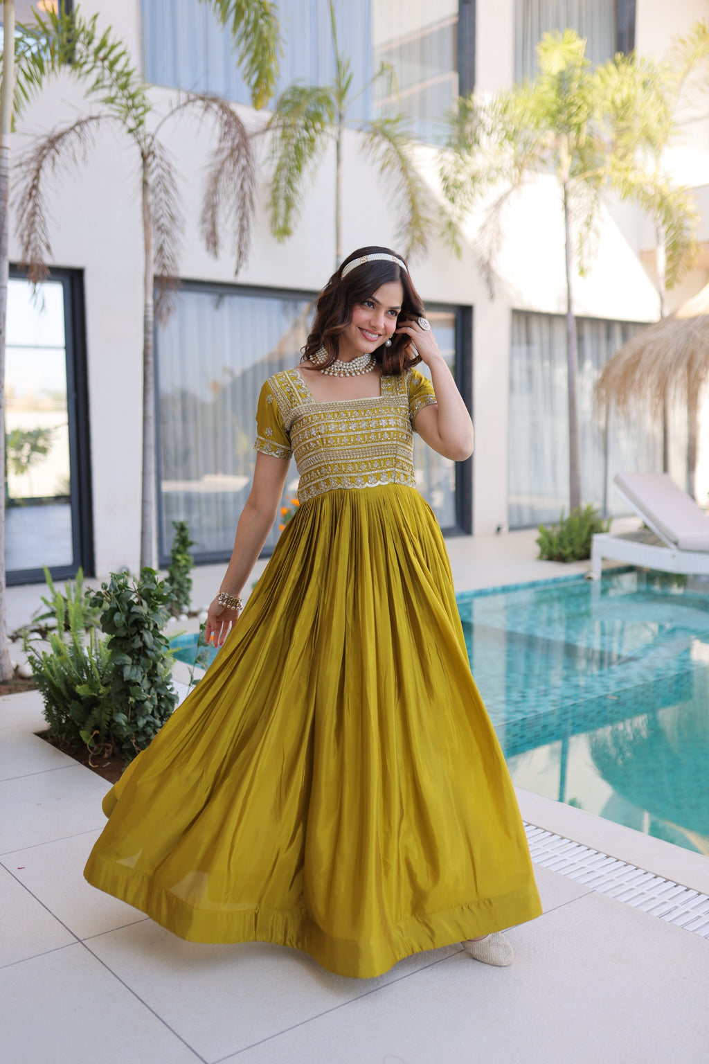 Yellow Sequins & Zari with Pipe Beads Embroidered work Gown