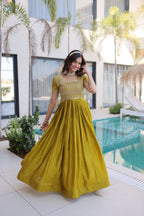 Yellow Sequins & Zari with Pipe Beads Embroidered work Gown