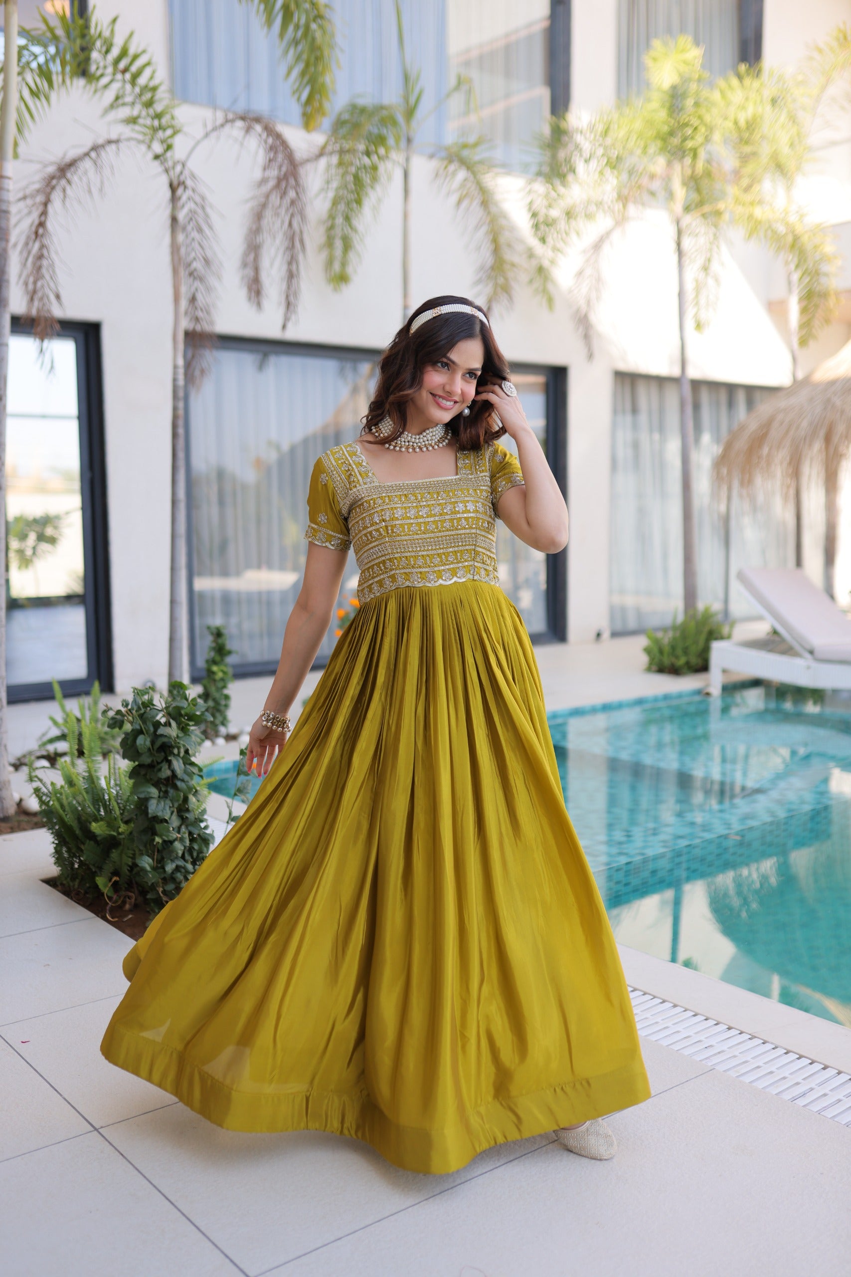 Yellow Sequins & Zari with Pipe Beads Embroidered work Gown