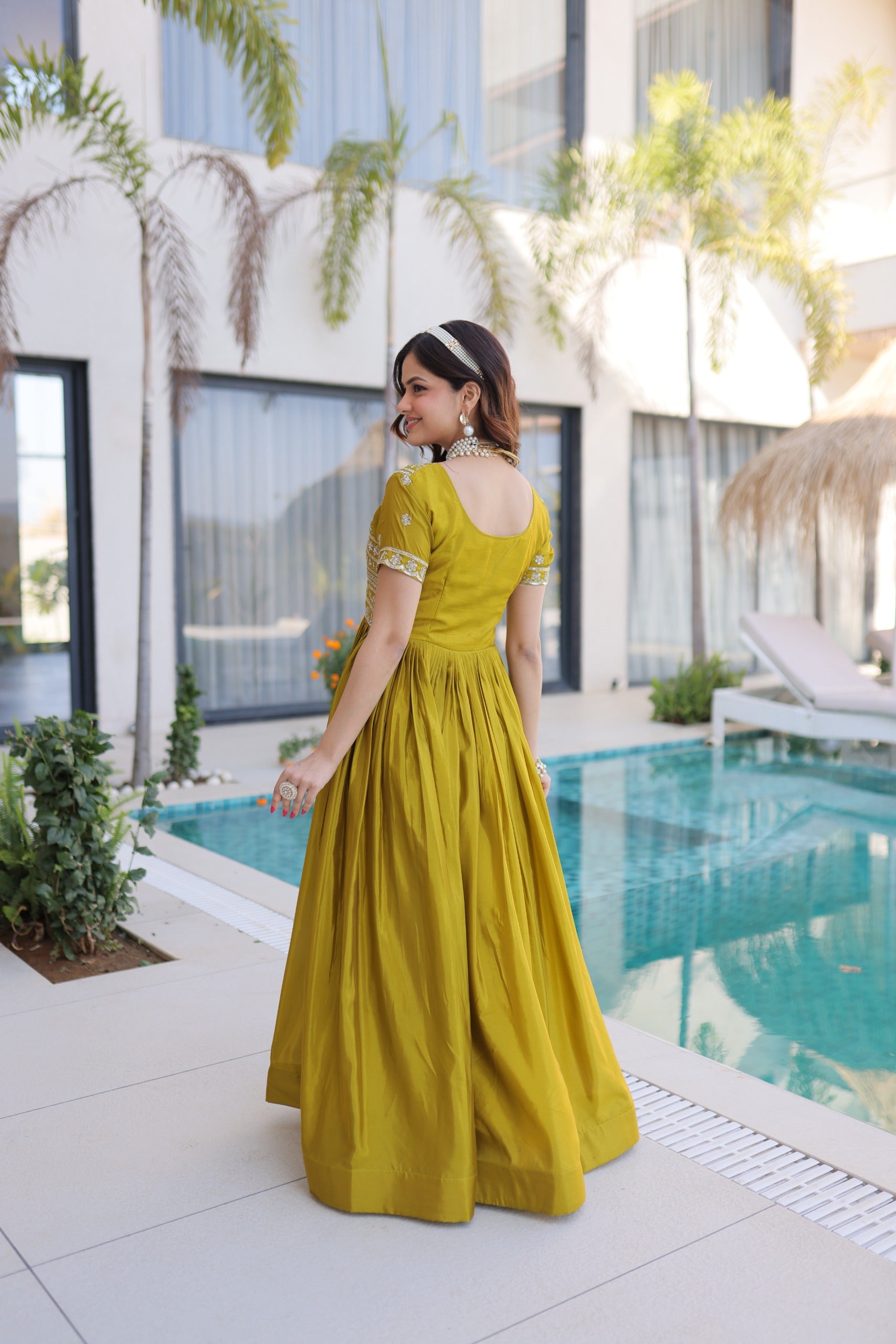 Yellow Sequins & Zari with Pipe Beads Embroidered work Gown