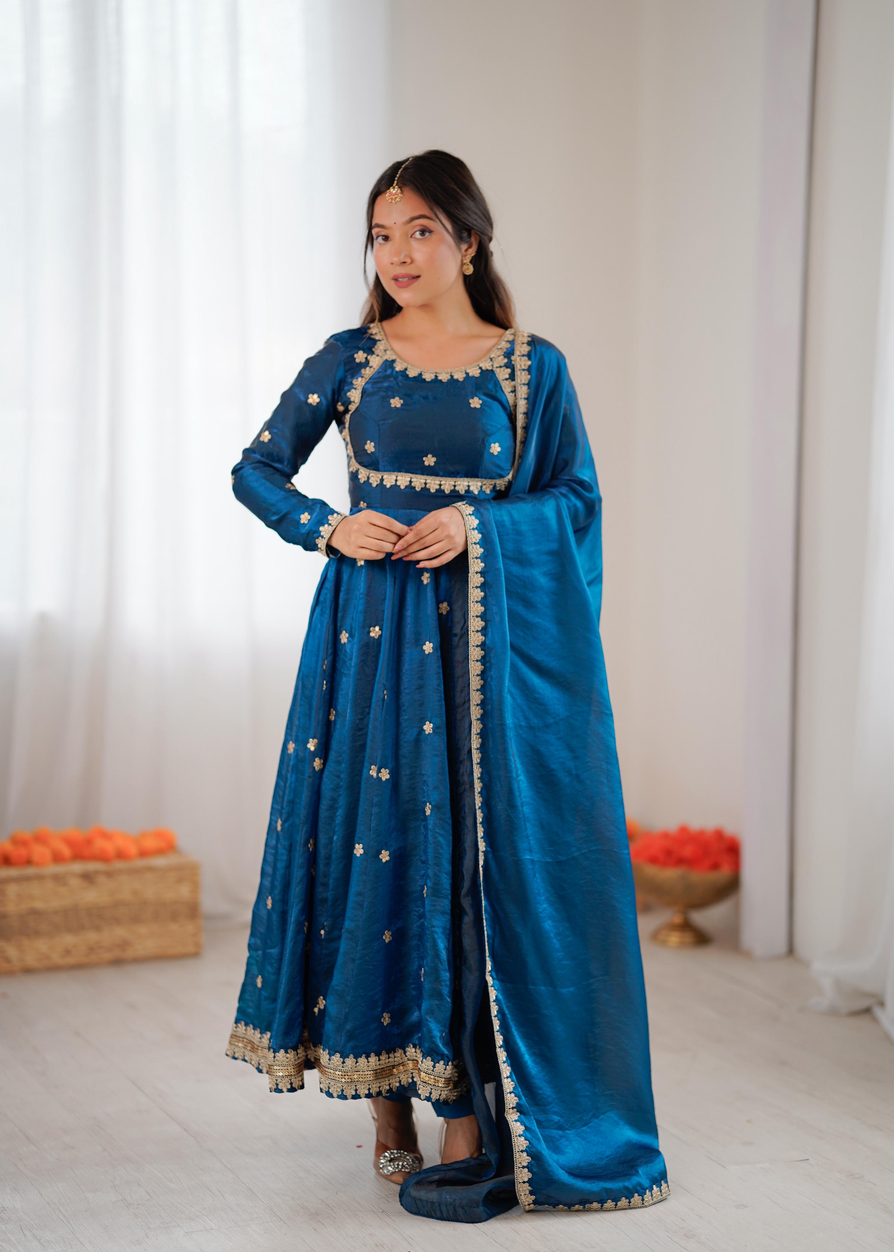 Peacock Blue Fandy Silk Suit Set