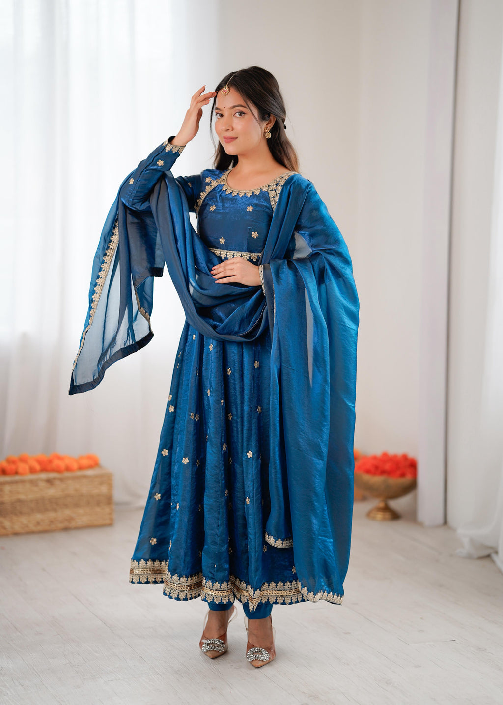 Peacock Blue Fandy Silk Suit Set