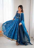 Peacock Blue Fandy Silk Suit Set
