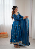 Peacock Blue Fandy Silk Suit Set