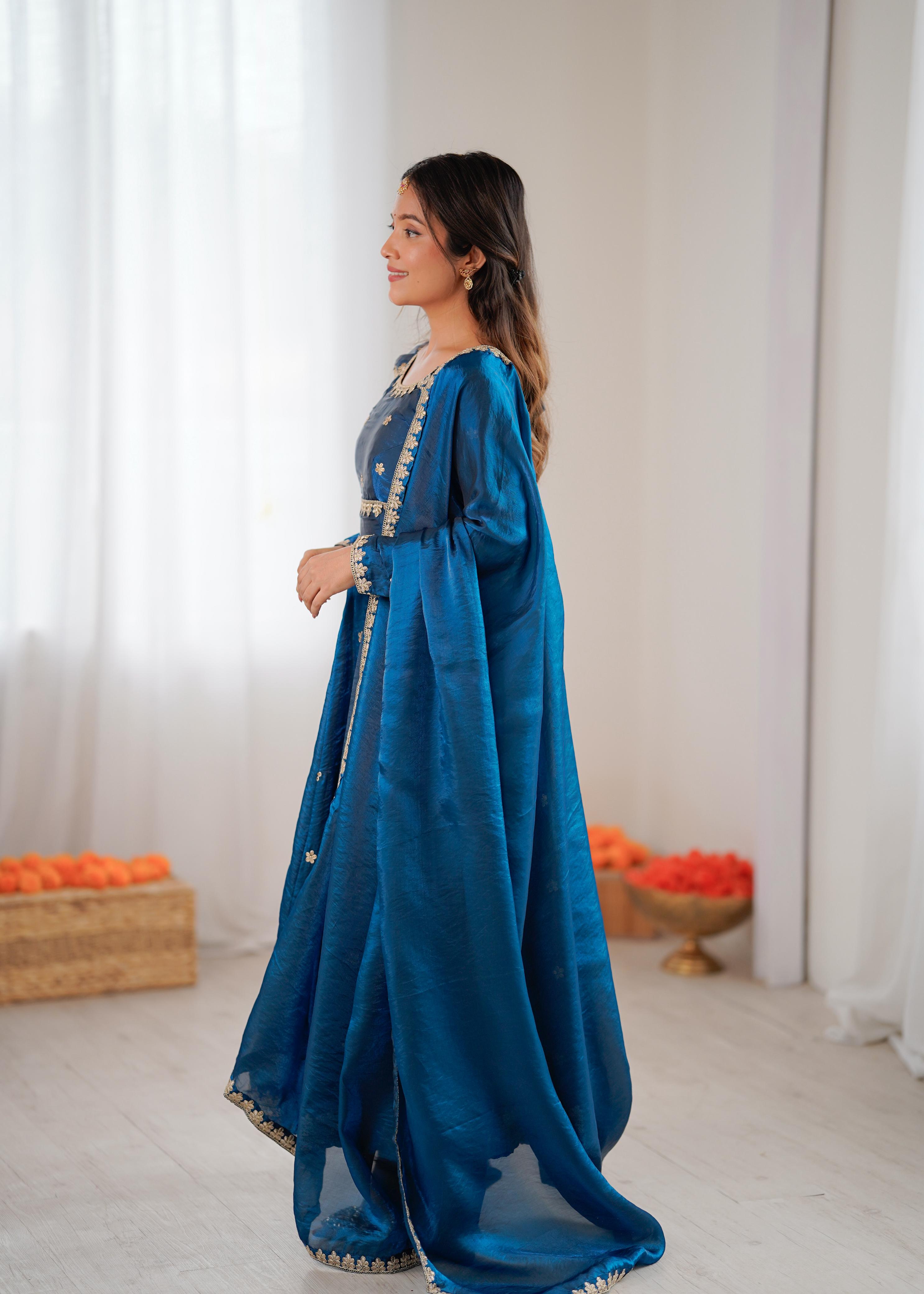 Peacock Blue Fandy Silk Suit Set