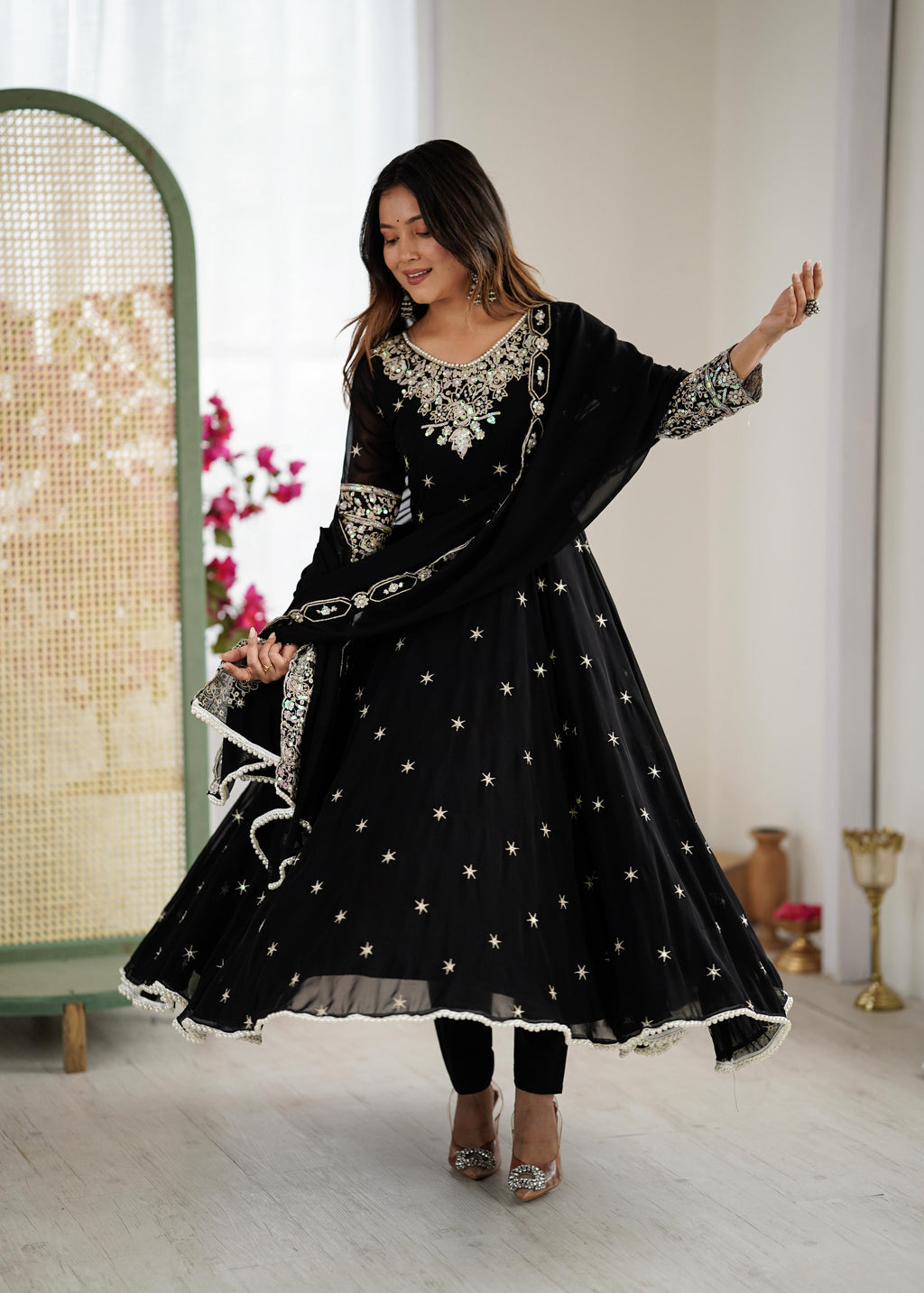 Black Heavy Embroidery Rainbow Sequence with Moti Work Suit Set