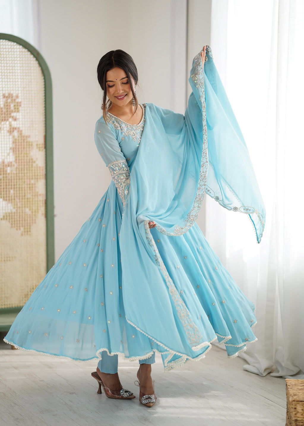Sky Blue Heavy Blooming Faux Suit Set