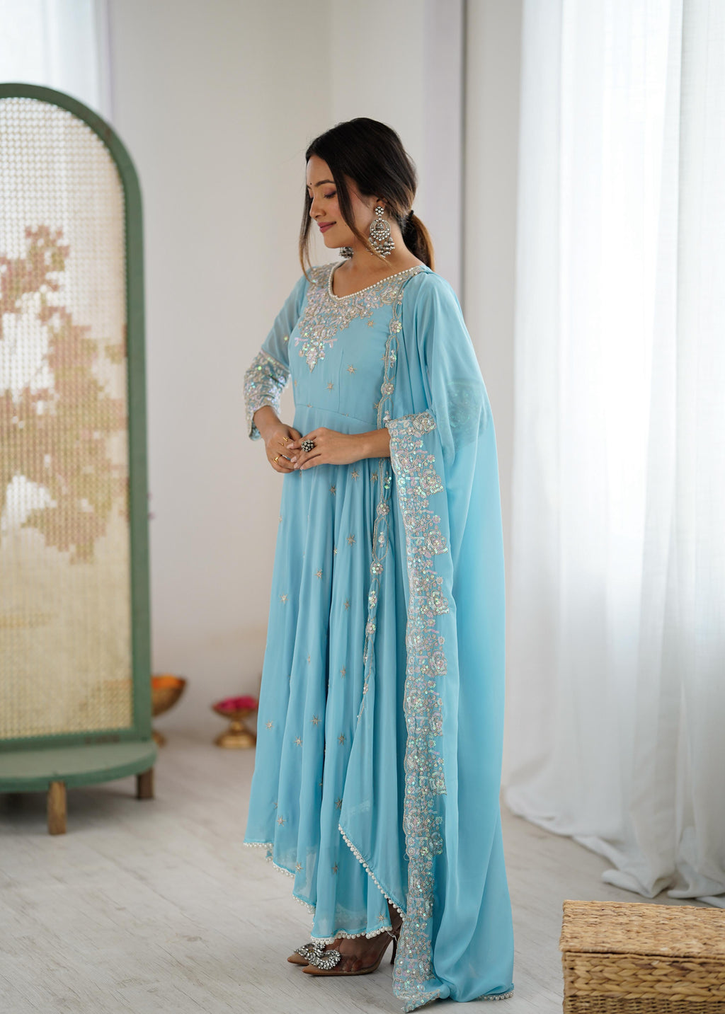 Sky Blue Heavy Blooming Faux Suit Set