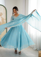 Sky Blue Heavy Blooming Faux Suit Set