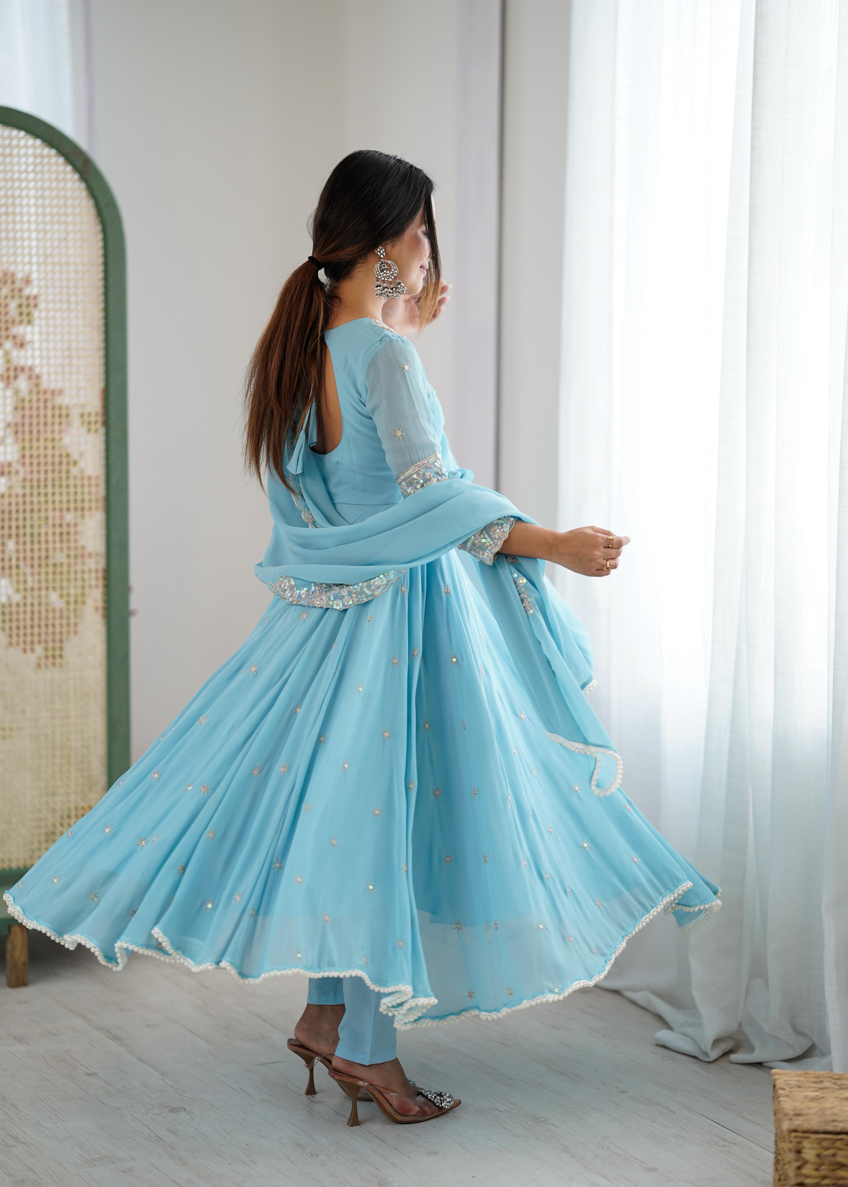 Sky Blue Heavy Blooming Faux Suit Set