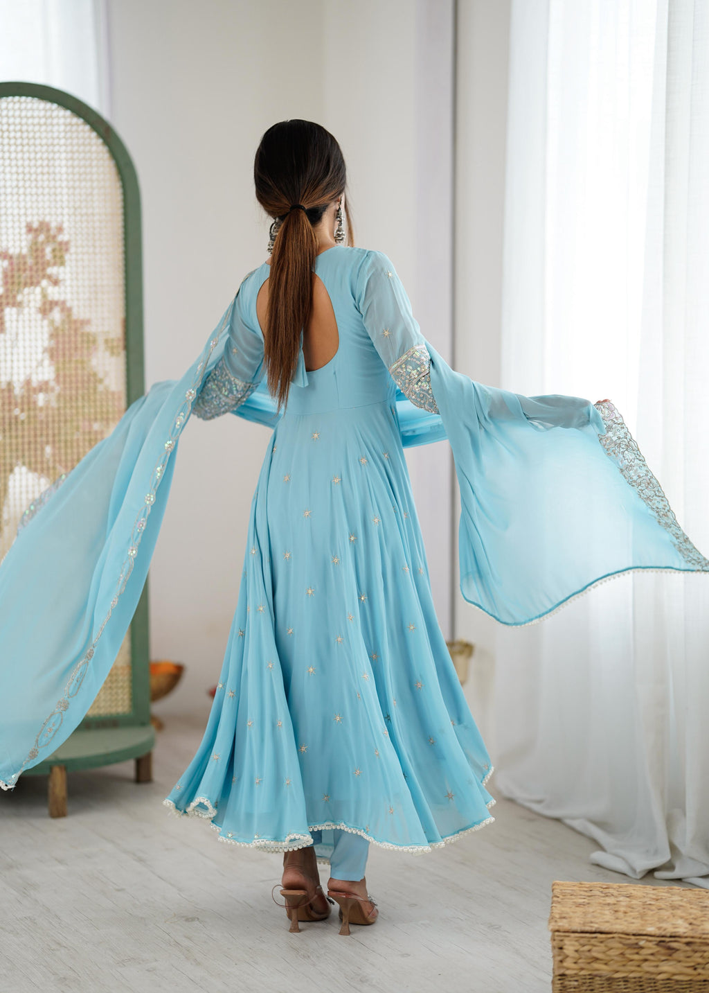 Sky Blue Heavy Blooming Faux Suit Set