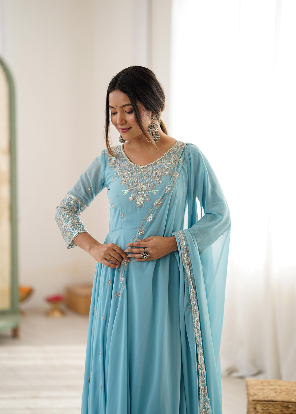 Sky Blue Heavy Blooming Faux Suit Set