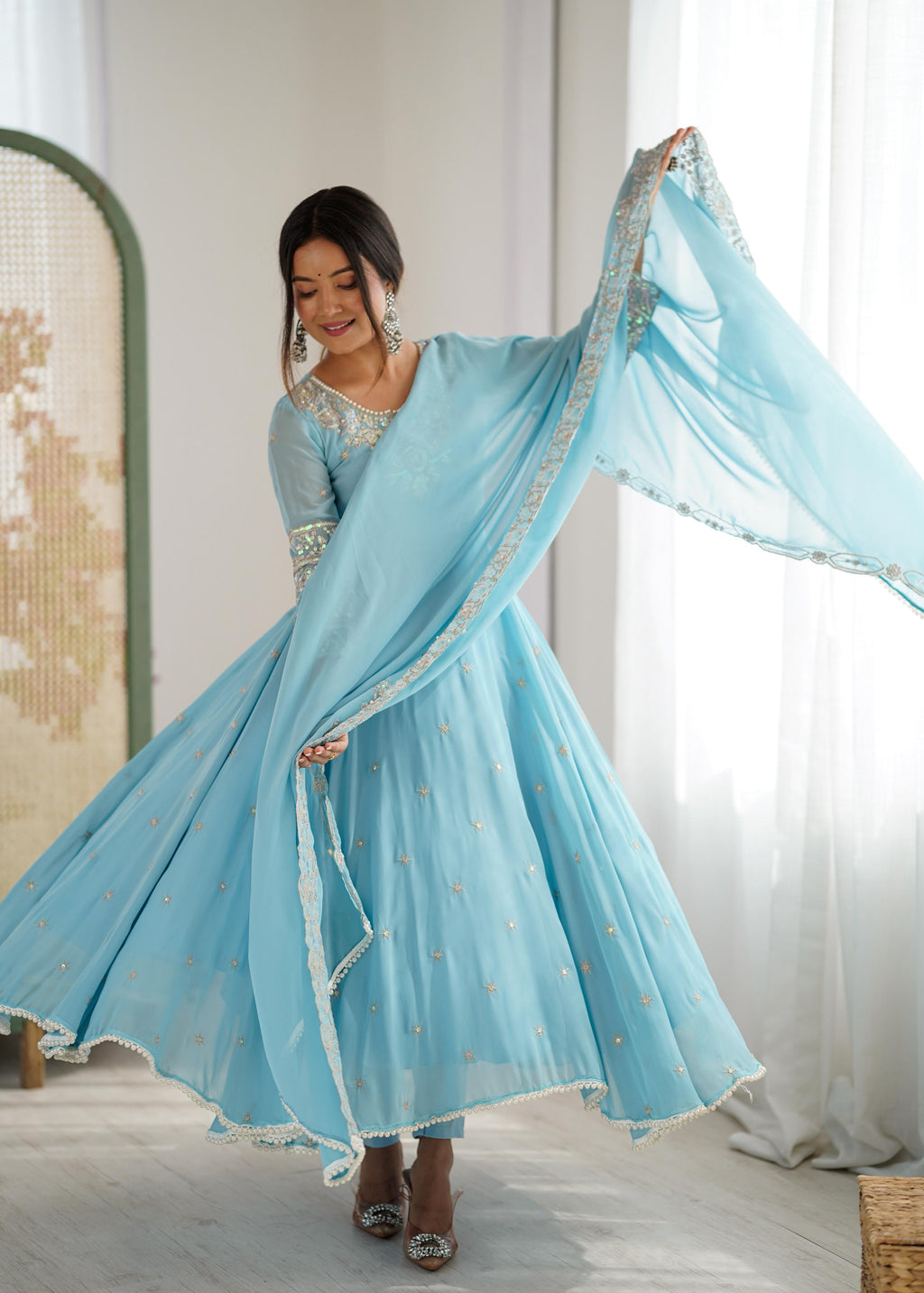 Sky Blue Heavy Blooming Faux Suit Set