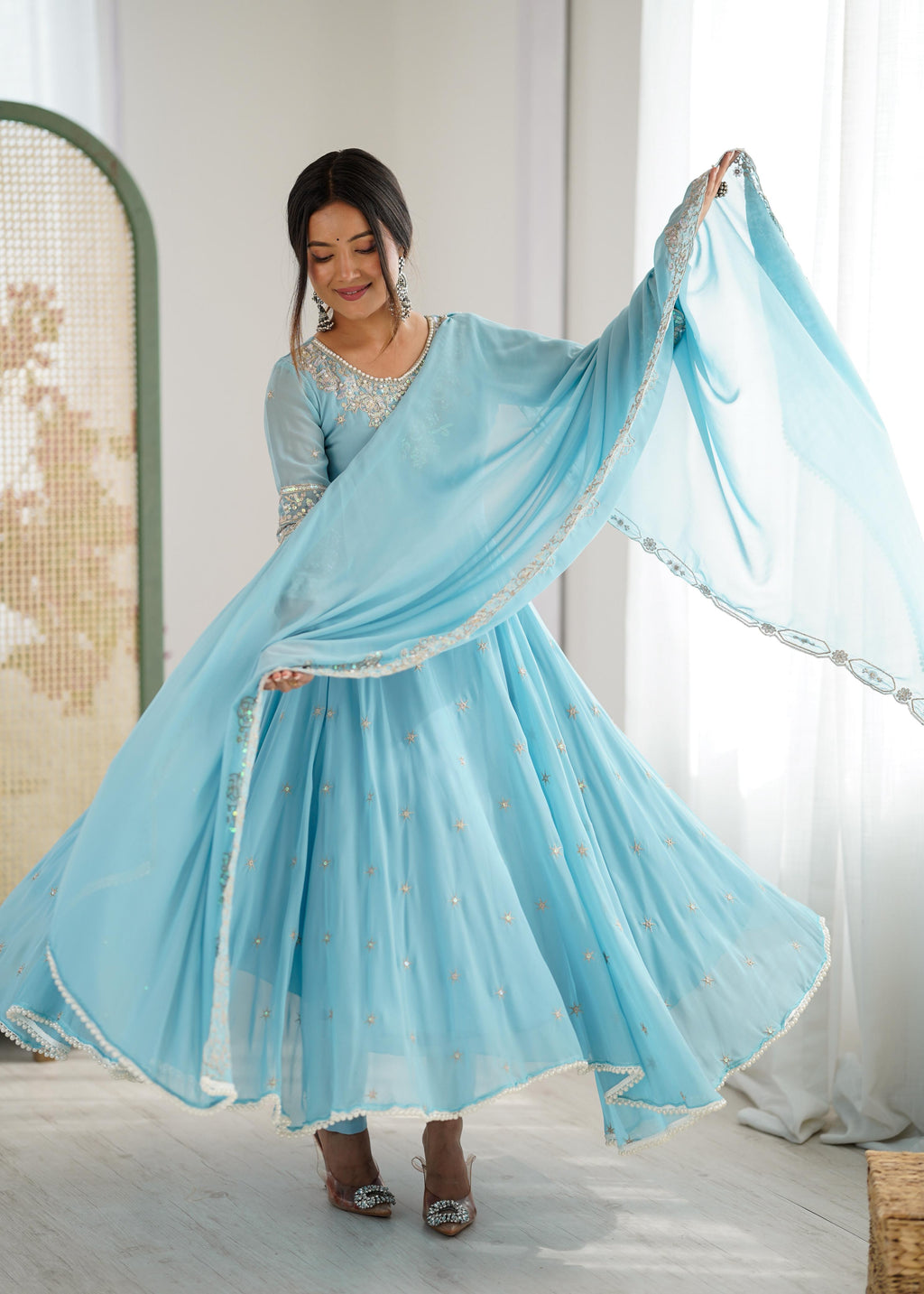 Sky Blue Heavy Blooming Faux Suit Set