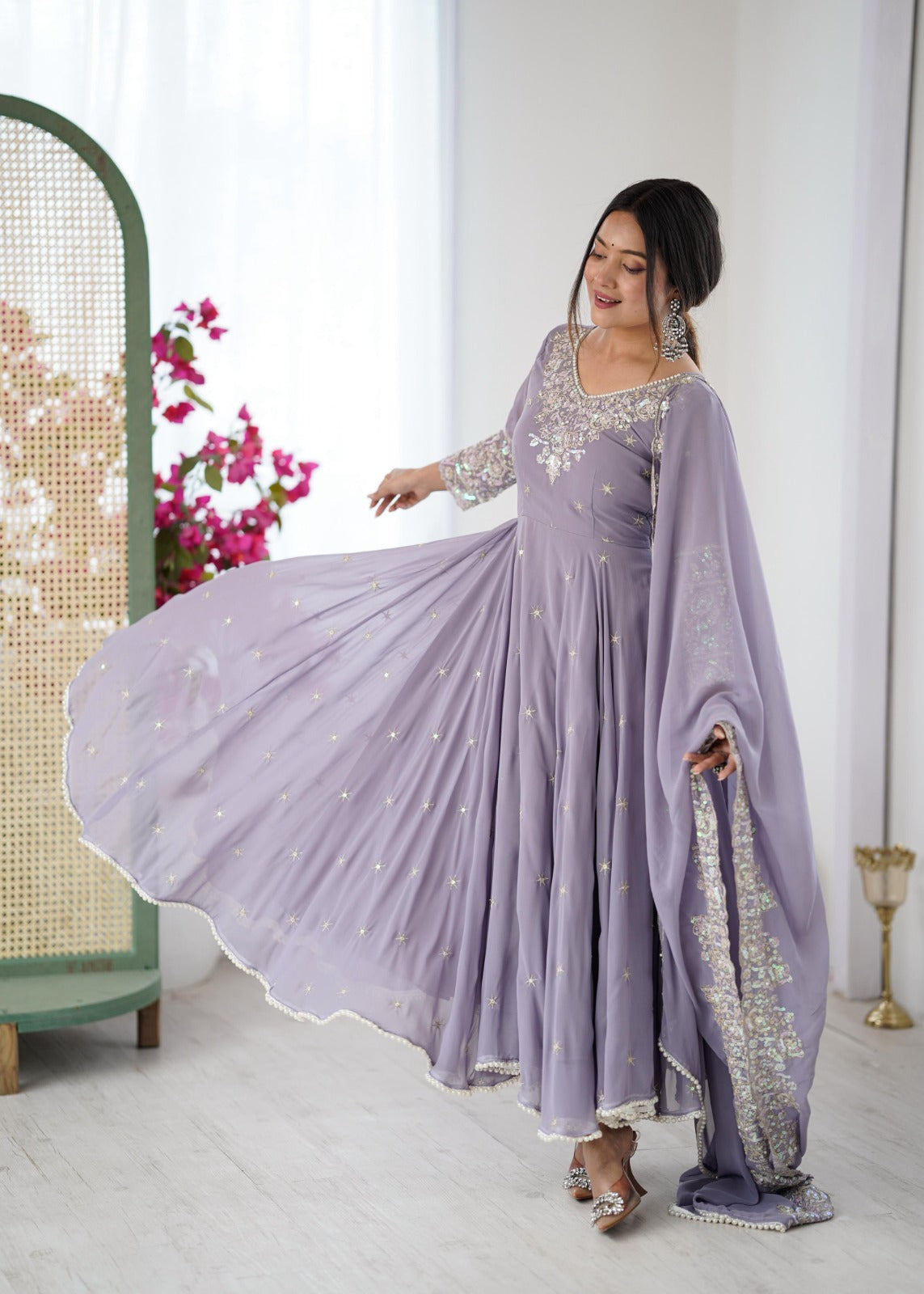 Purple Heavy Embroidery Rainbow Sequence with Moti Work Suit Set