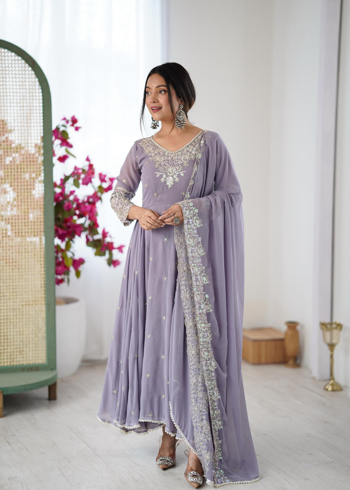 Purple Heavy Embroidery Rainbow Sequence with Moti Work Suit Set