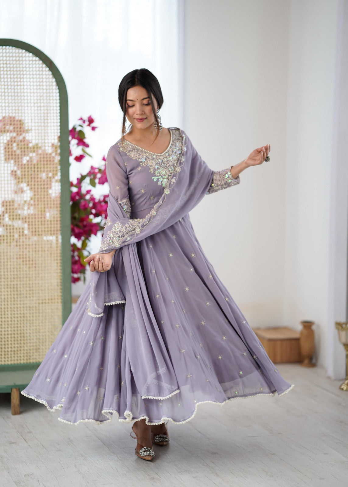 Purple Heavy Embroidery Rainbow Sequence with Moti Work Suit Set