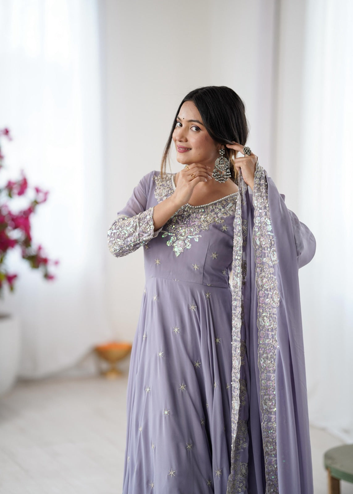 Purple Heavy Embroidery Rainbow Sequence with Moti Work Suit Set